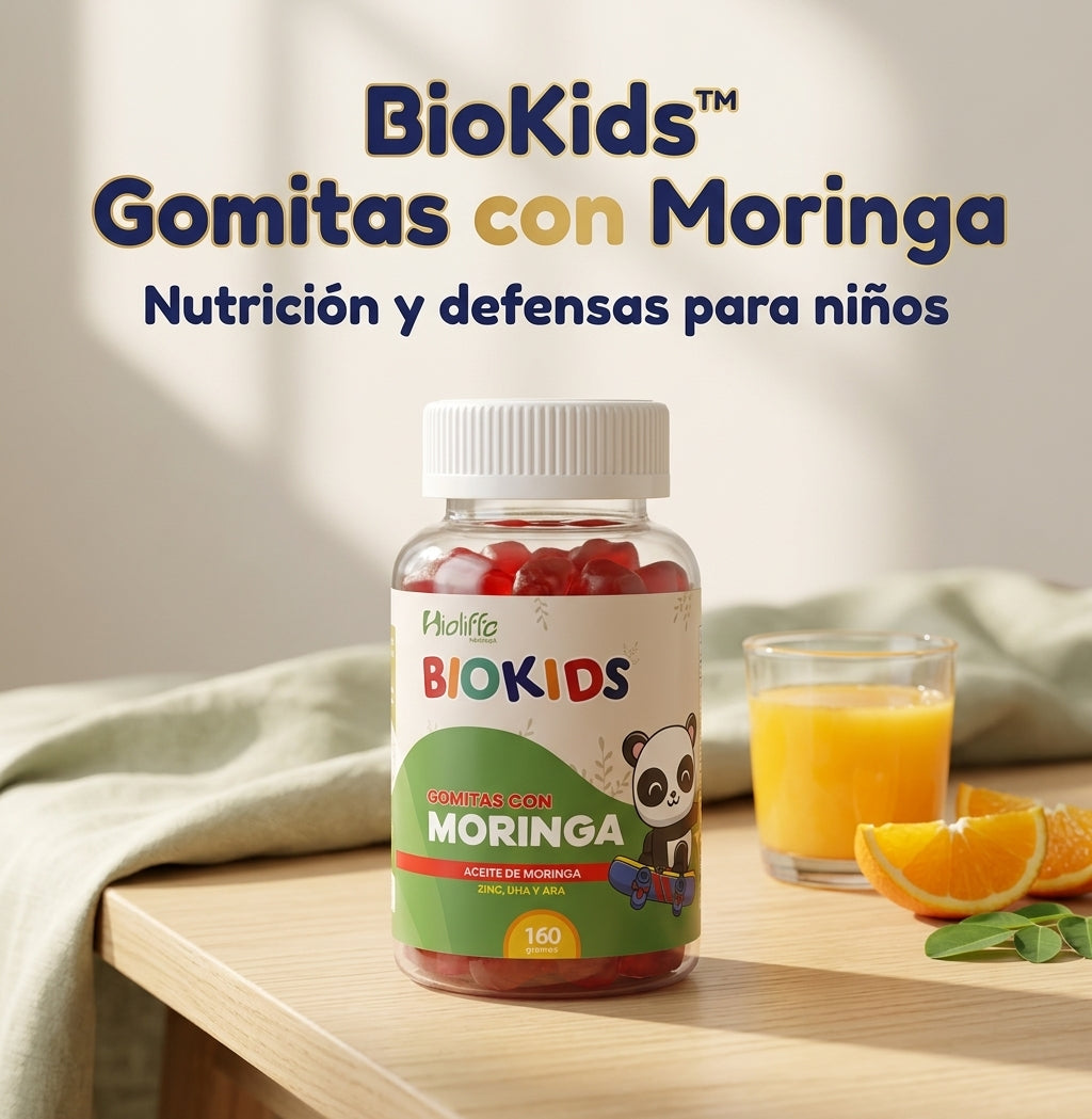 BioKids Gomitas con Moringa - banner hero (mesa de madera, luz natural)