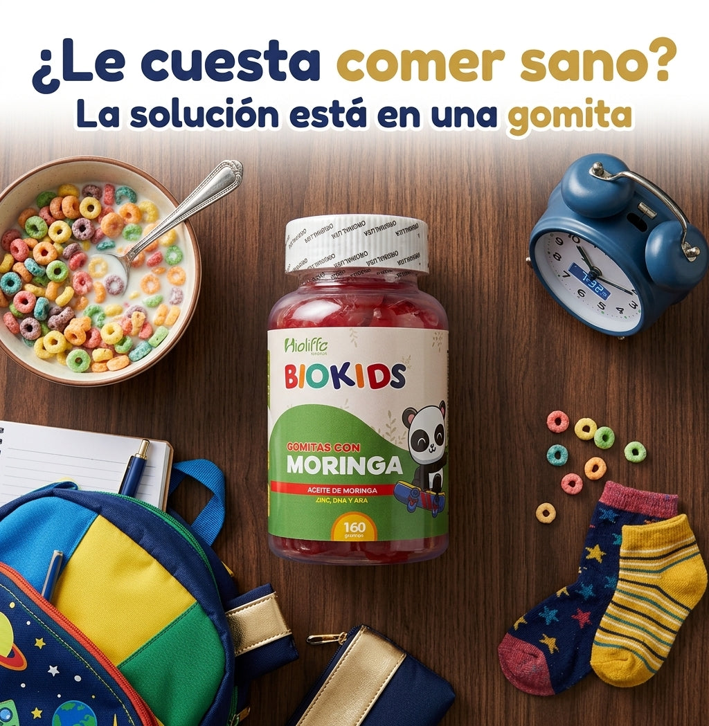 BioKids Gomitas con Moringa - banner problema/interés (flat lay mañana escolar)