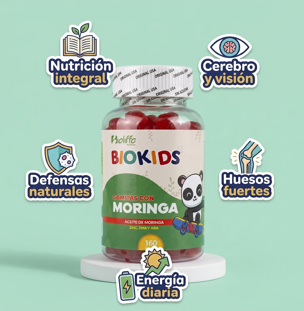BioKids Gomitas con Moringa - banner beneficios (stickers, fondo menta)