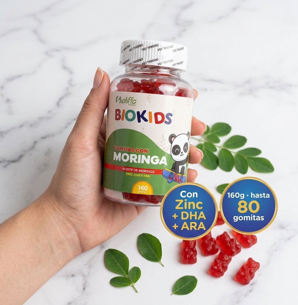 BioKids Gomitas con Moringa - banner calidad (mármol, hojas de moringa)