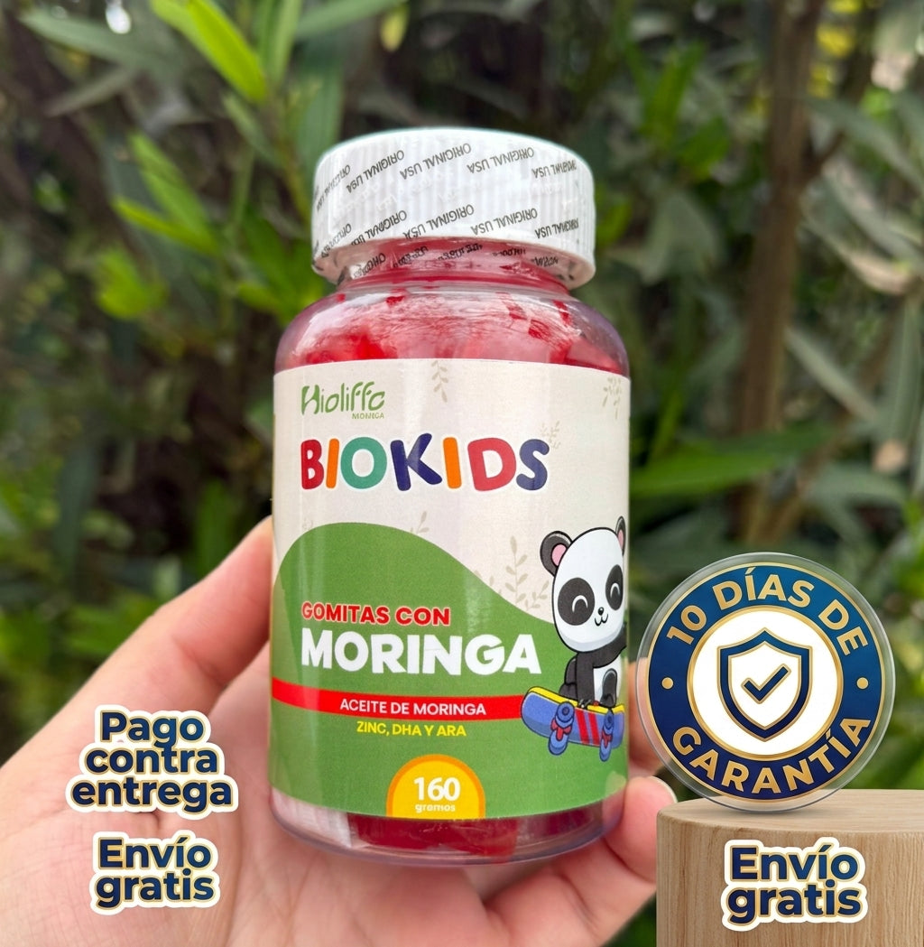 BioKids Gomitas con Moringa - banner garantía (fondo natural exterior)