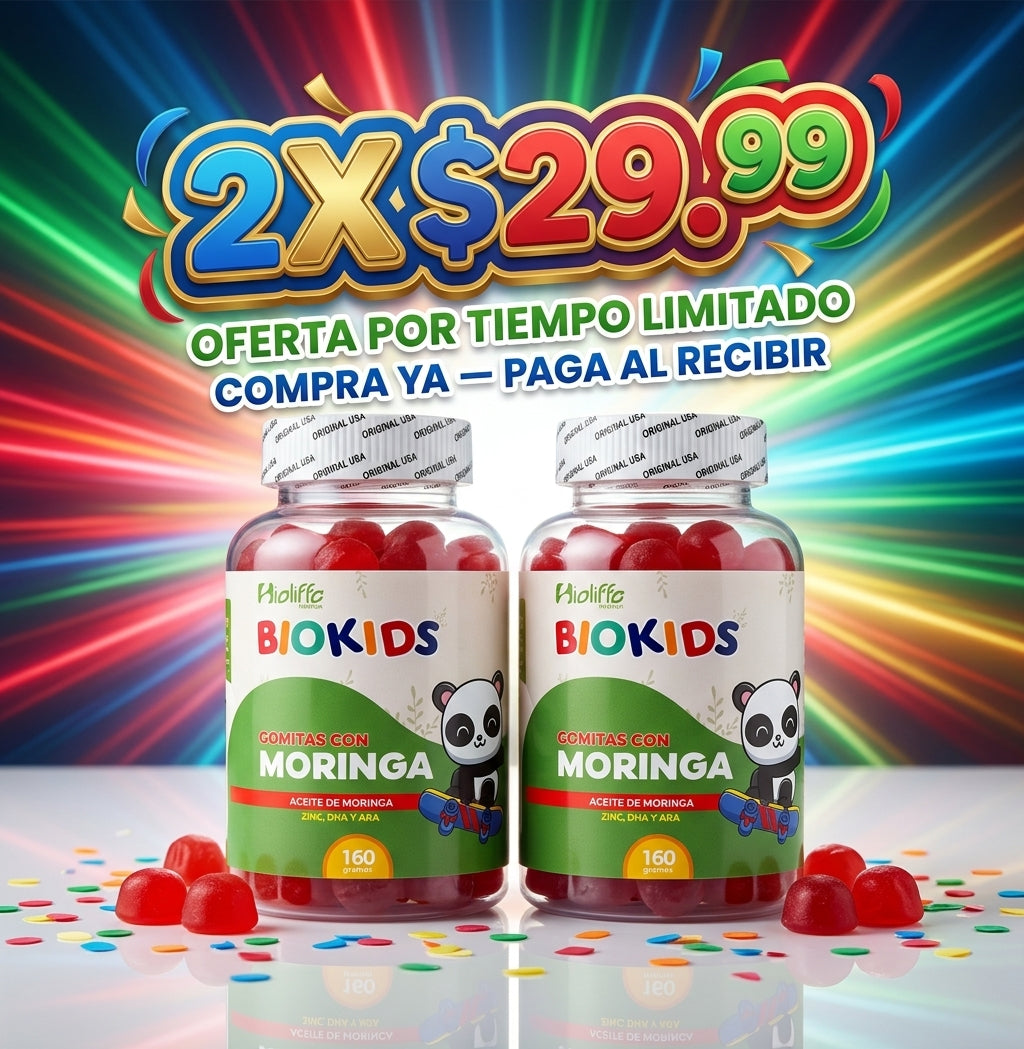BioKids Gomitas con Moringa - banner oferta 2x $29.99 (ráfaga de colores)
