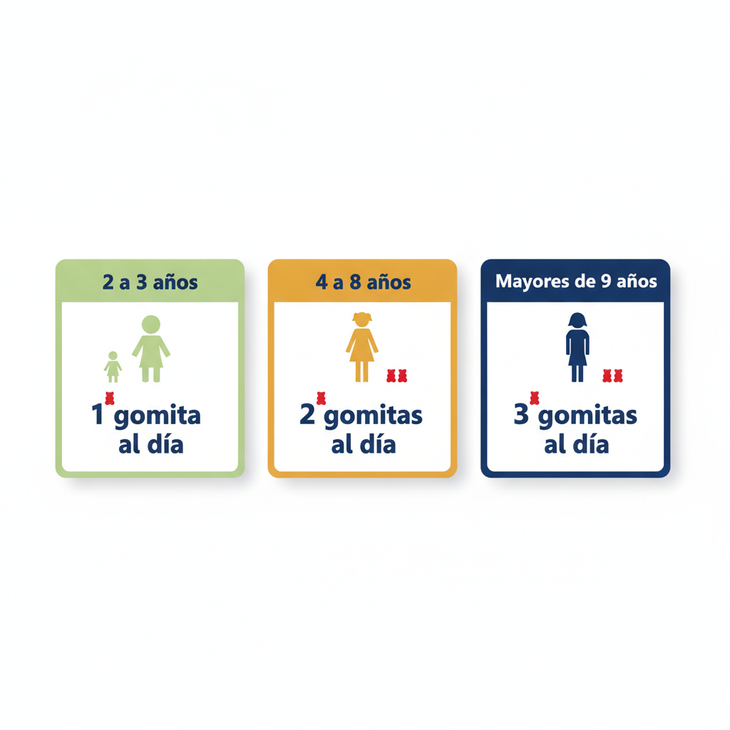 Infografía de dosificación por edad de BioKids Gomitas con Moringa