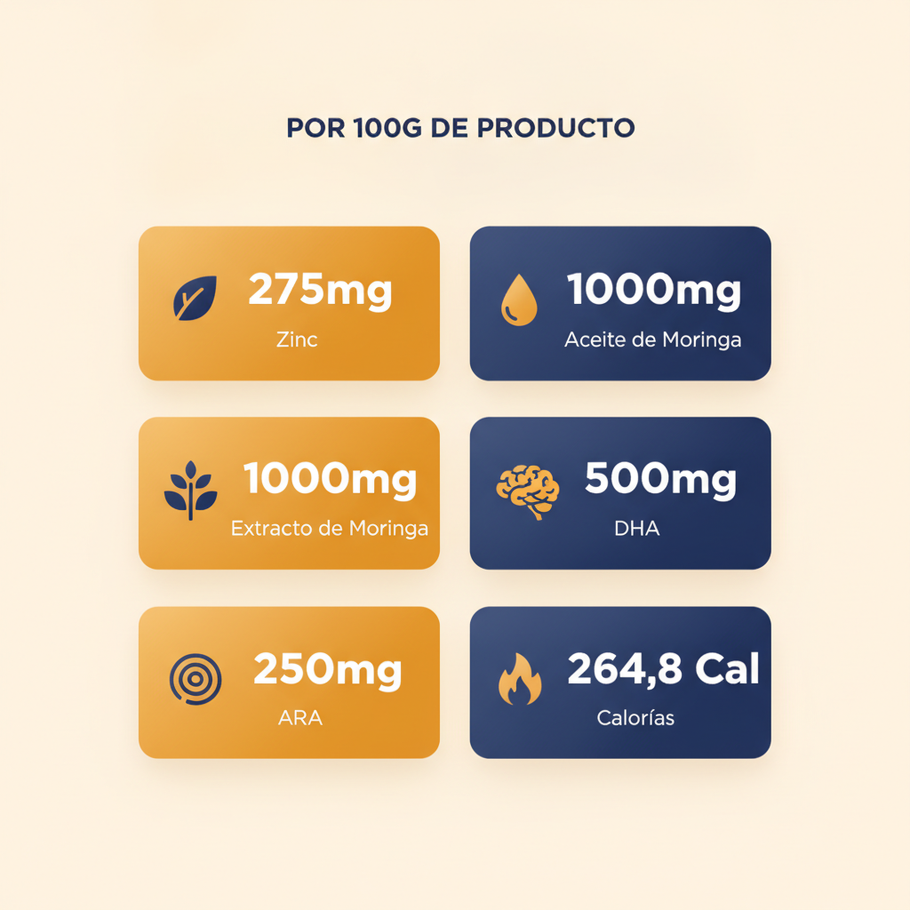 Infografía de información nutricional de BioKids Gomitas con Moringa por 100g