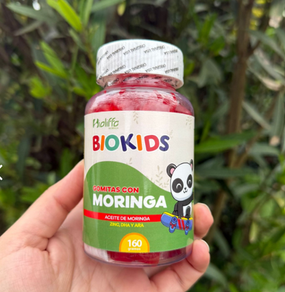 BioKids Gomitas con Moringa - frasco de 160g con panda, vista frontal del empaque real