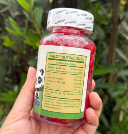 BioKids Gomitas con Moringa - tabla de información nutricional en el empaque real