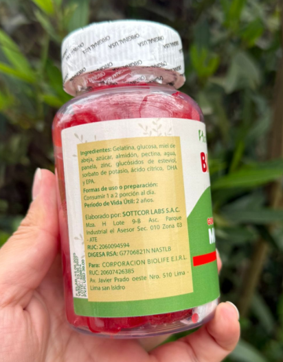 BioKids Gomitas con Moringa - lista de ingredientes en el empaque real